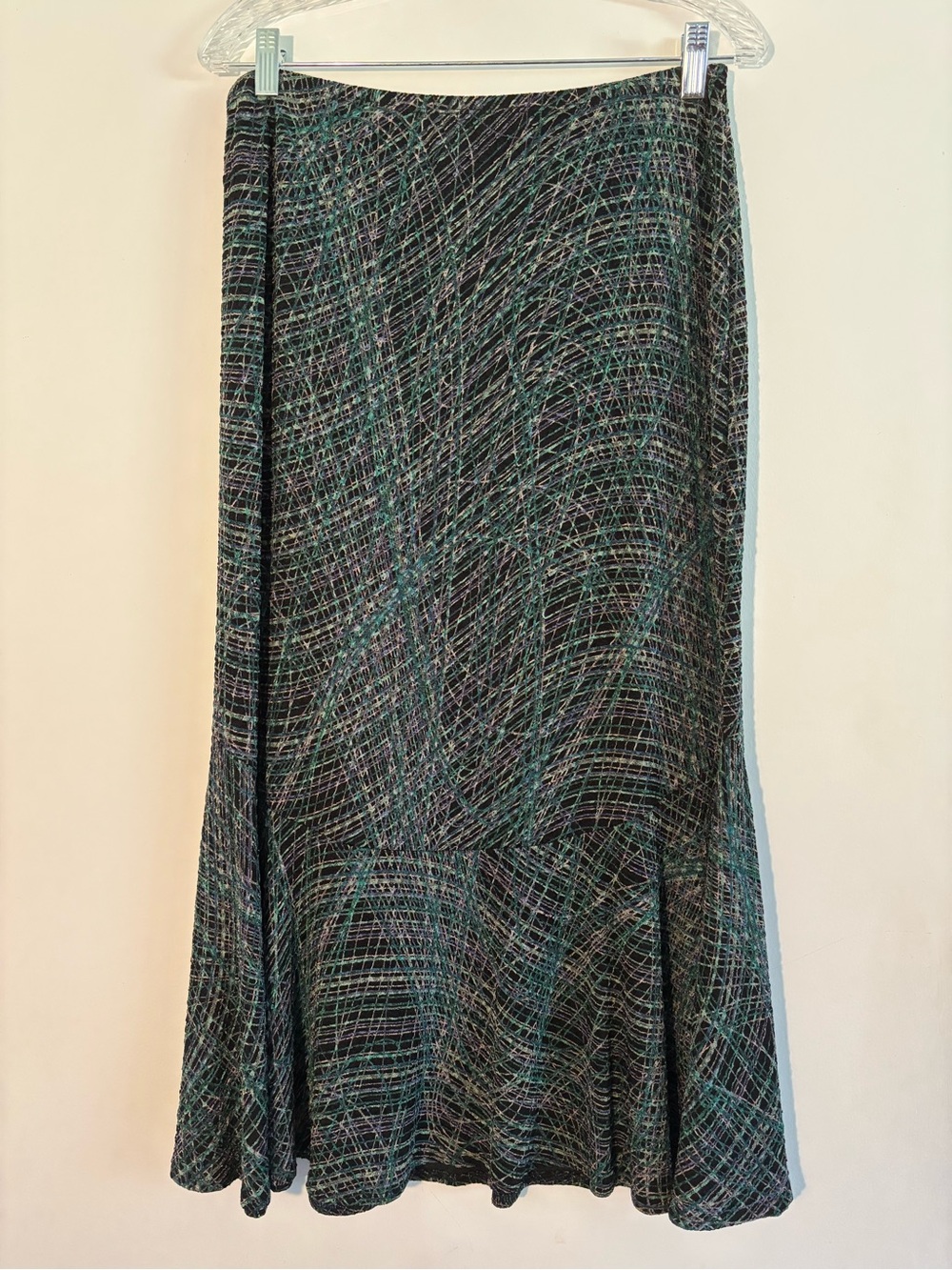 Choices Size L Black Green Abstract Print Pull-On A-Line Midi Skirt Made in USA